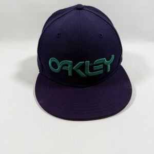 VTG Oakley New Era 59FIFTY Fitted Hat 7 1/2 Purple Green Spell Out Logo 2010